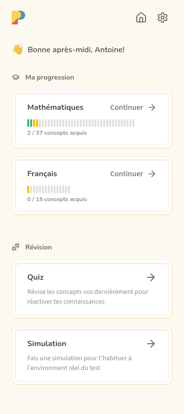 Capture d'écran de l'application Prepa montrant des exercices de pratique