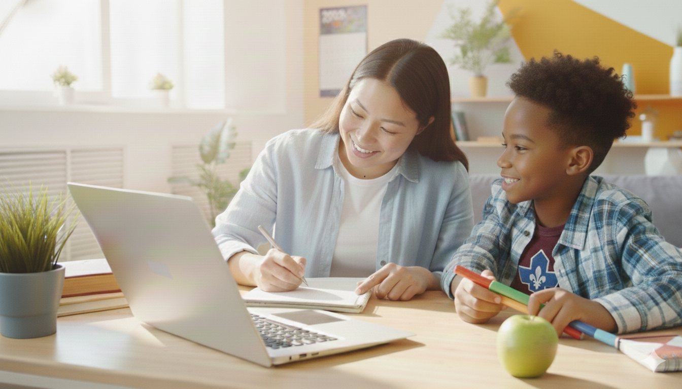 Une mère aide son enfant à réviser.